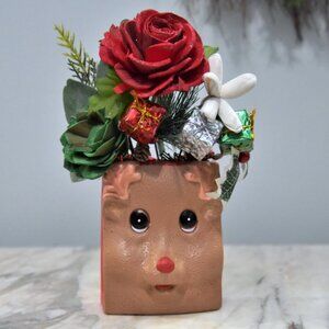 Vintage Rudolph shaped painted pottery with Sola Woods Flower Christmas Holiday